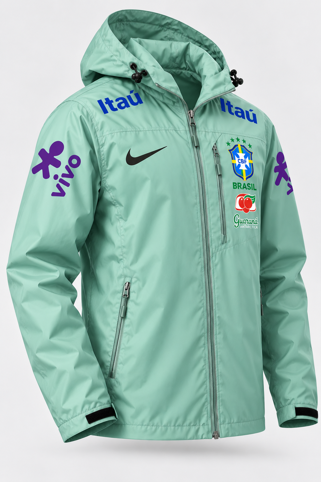 Veste d’Entraînement Équipe du Brésil Vert Menthe à Capuche – Écusson CBF, Logos Bleu et Violet