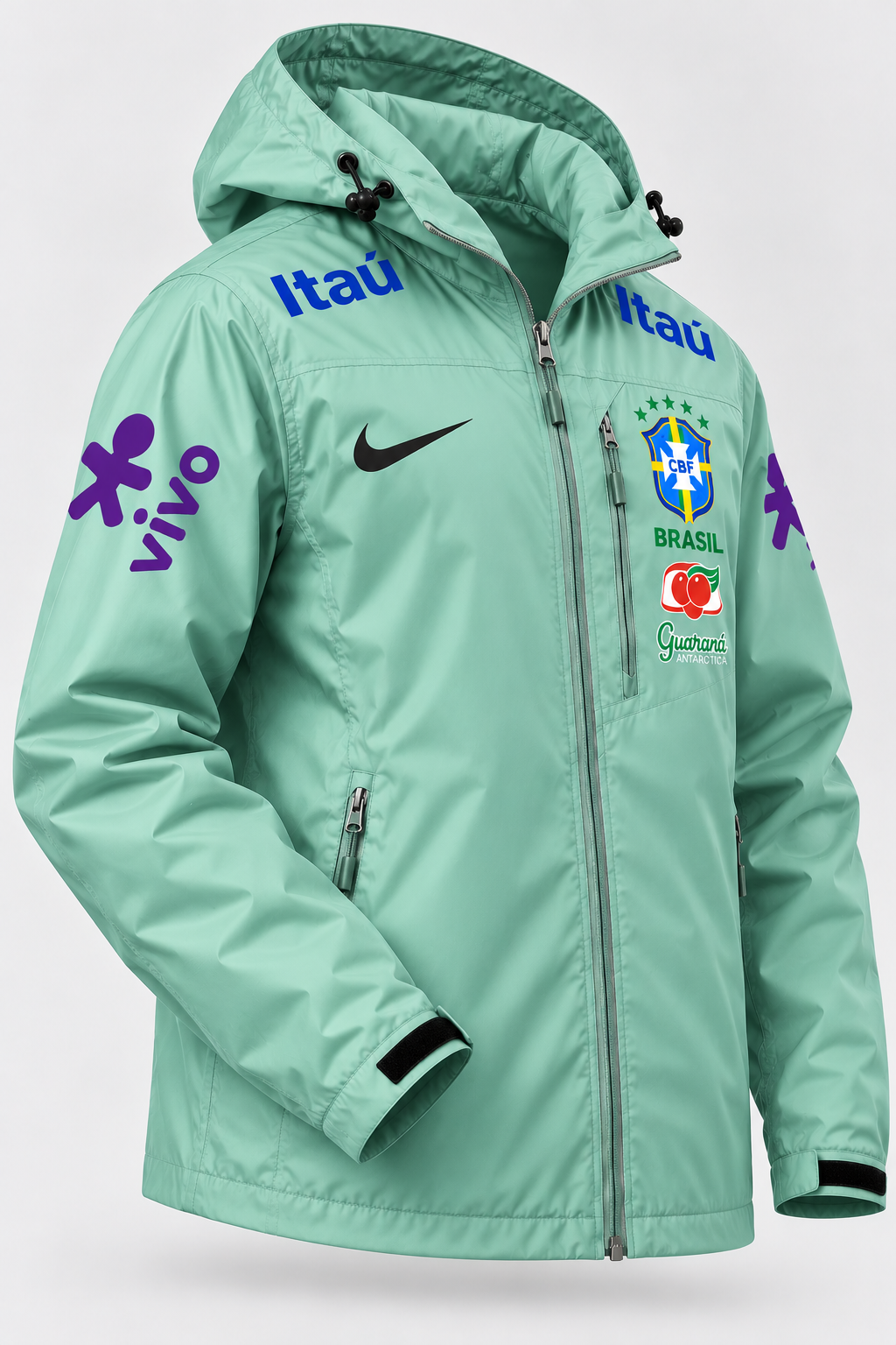 Veste d’Entraînement Équipe du Brésil Vert Menthe à Capuche – Écusson CBF, Logos Bleu et Violet