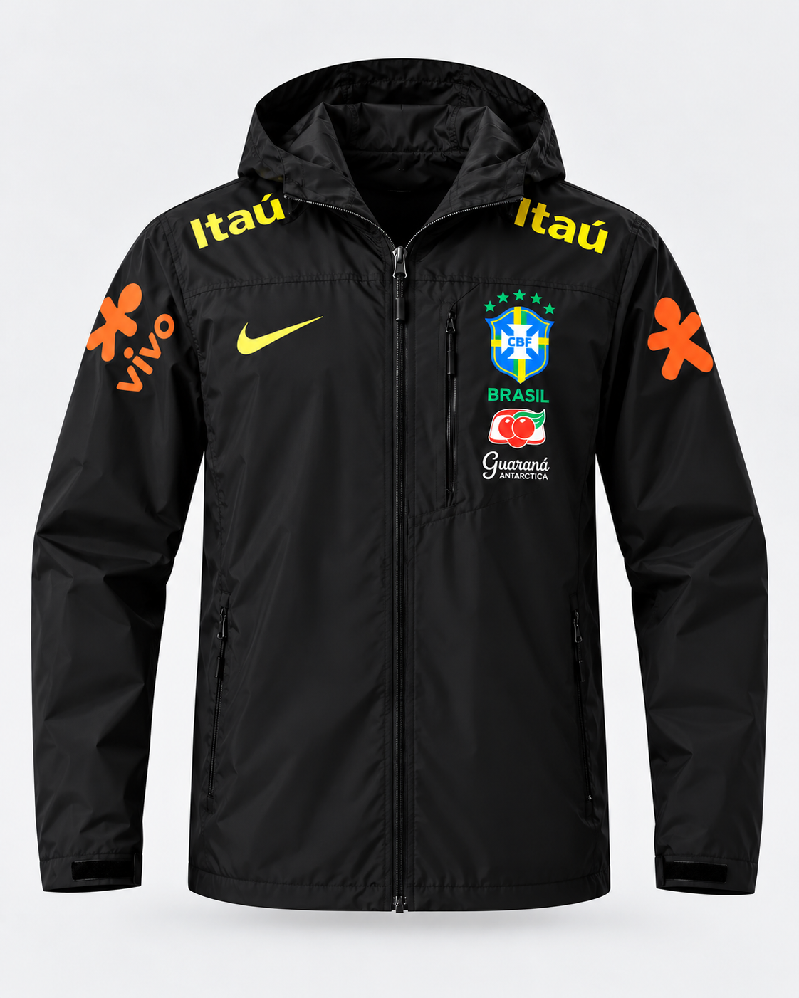 Veste d’Entraînement Équipe du Brésil Noire à Capuche – Écusson CBF, Détails Jaune et Orange