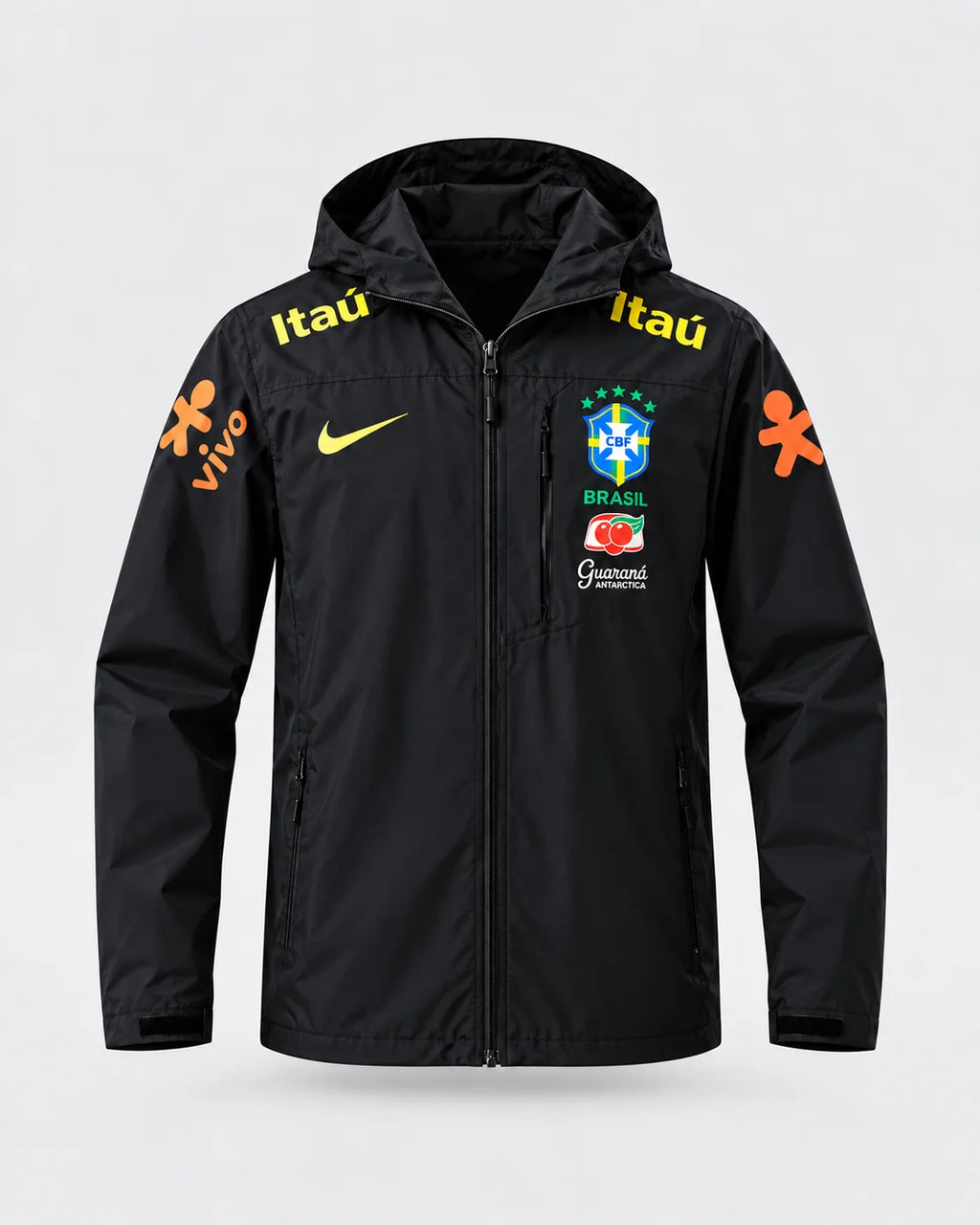 Veste d’Entraînement Équipe du Brésil Noire à Capuche – Écusson CBF, Détails Jaune et Orange