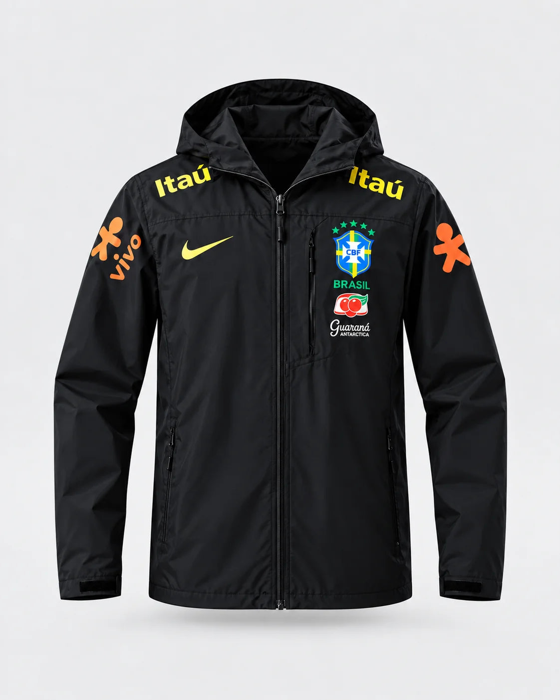 Veste d’Entraînement Équipe du Brésil Noire à Capuche – Écusson CBF, Détails Jaune et Orange