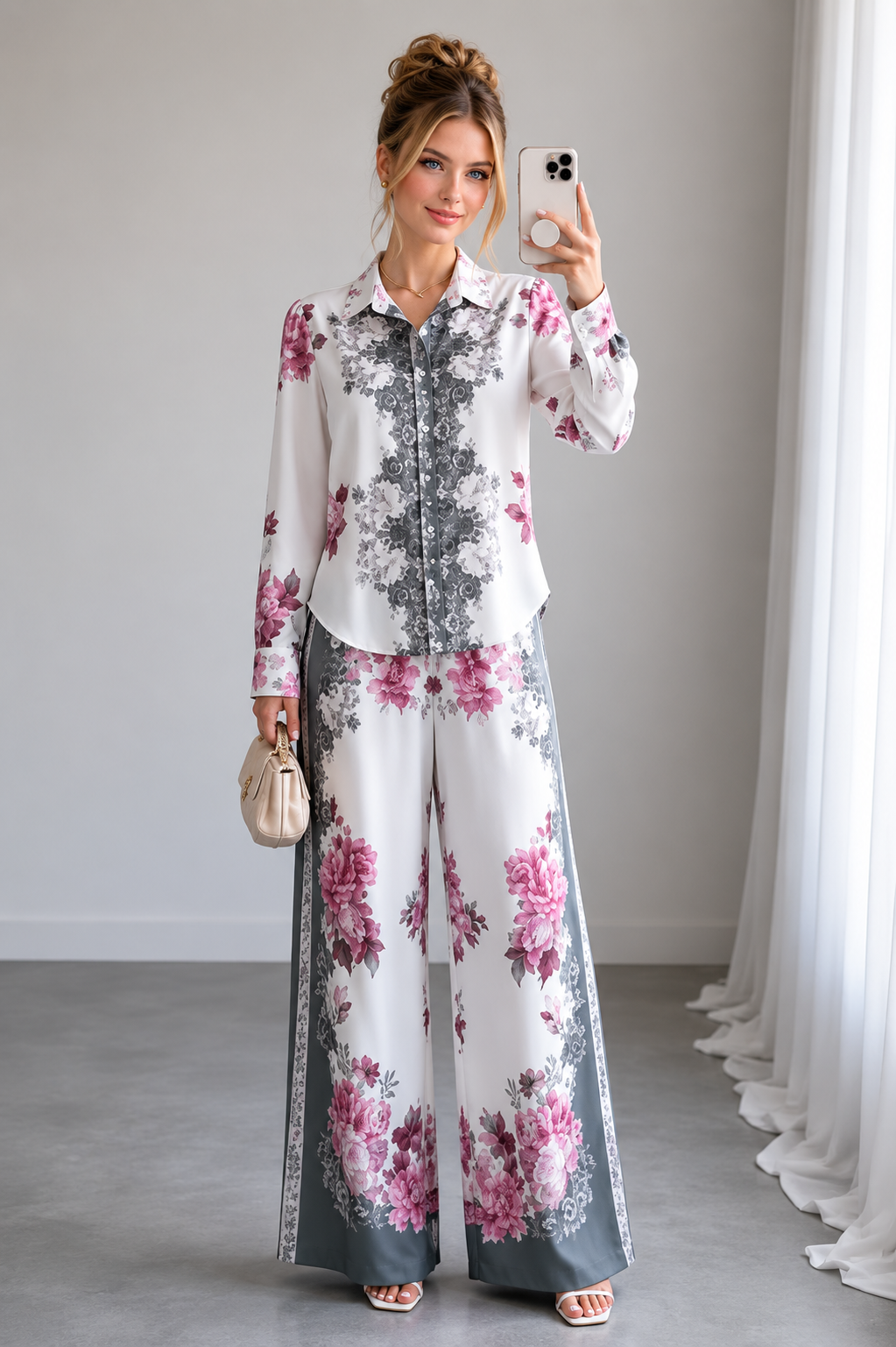 Ensemble 2 Pièces Luxe Imprimé Rose Baroque – Chemise Manches Longues et Pantalon Large Femme
