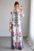 Ensemble 2 Pièces Luxe Imprimé Rose Baroque – Chemise Manches Longues et Pantalon Large Femme