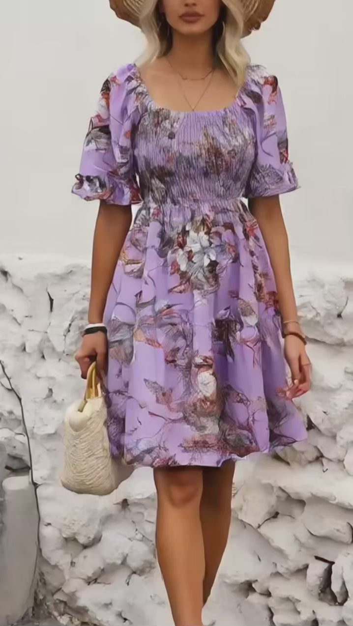 Robe Bohème à Imprimé Floral - Col Carré & Manches Volantées 🌼