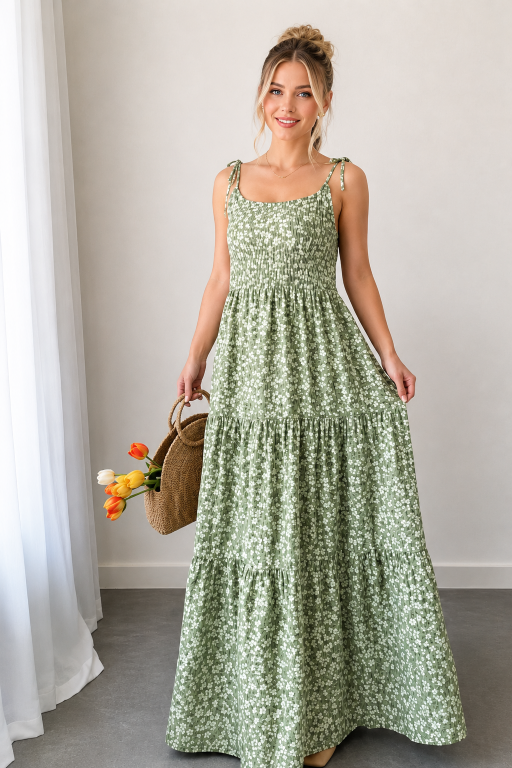 Robe Longue Bohème À Volants Imprimé Floral Vert – Bretelles Spaghetti Femme